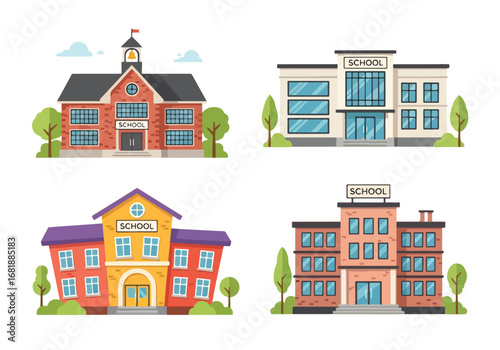 Set of flat style school building illustrations, showcasing different educational architecture designs including modern, classic, and colorful styles for learning institutions and academic centers