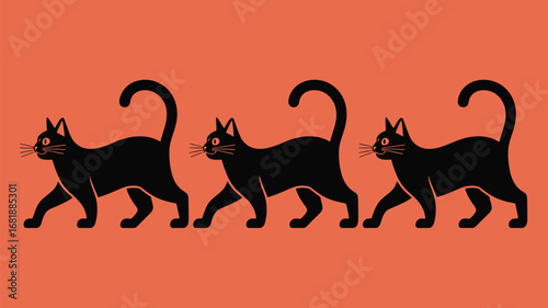 Three stylish black cats stride confidently across a vibrant orange background in perfect unison