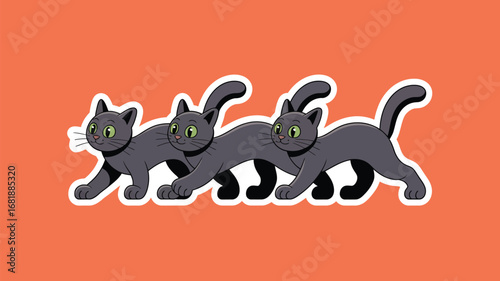 Playful black cats with green eyes march together across an orange background, creating a fun visual.