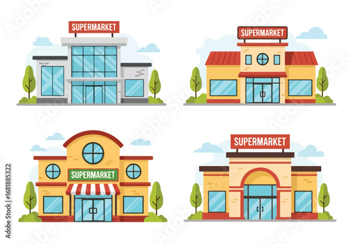 Set of flat style supermarket building illustrations, showcasing different store designs and architectures for shopping centers, retail markets, and grocery stores