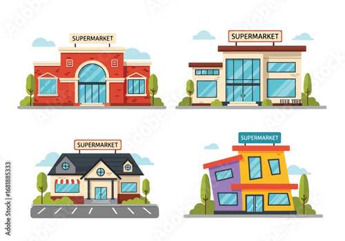 Set of flat style supermarket building illustrations, showcasing different store designs and architectures for shopping centers, retail markets, and grocery stores