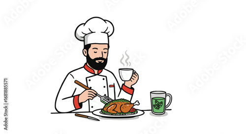 Vector illustration of a professional cook taking a break to eat a whole roasted poultry meal with a hot beverage