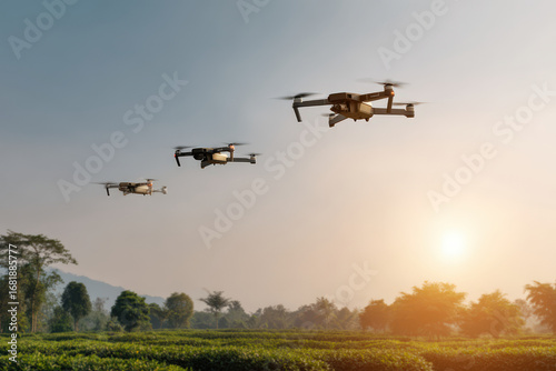 swarm of drones actively treating plants against pests in garden setting enhancing health