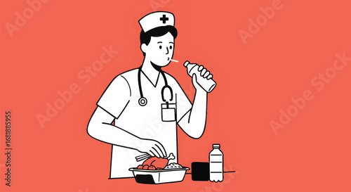 Monochrome line art illustration of a medical professional taking a lunch break, eating and drinking water