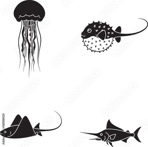 Black and White Vector Illustration of Diverse Marine Life for Print and Web Design