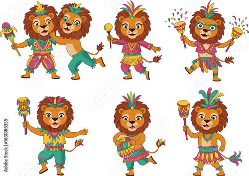 Cartoon lions in colorful carnival costumes, dancing with drums and maracas, festive jungle celebration characters, vector illustration for kids parties.