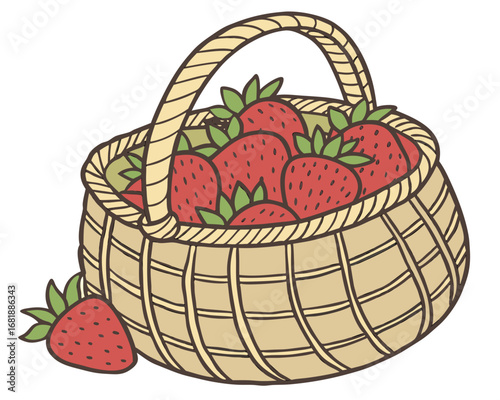  isolated on white background wicker basket filled with fresh red strawberries and green leaves illustration