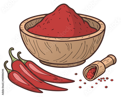 red chili powder in wooden bowl with dried peppers and spice illustration isolated on white background.