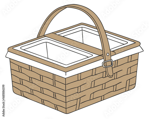 a simple vintage style brown picnic basket with a lid isolated on white background.