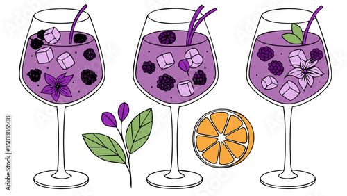 a trio of purple blackberry and passionfruit cocktails with garnishes isolateed on white background.