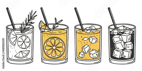 a set of classic iced cocktails with citrus and herbal garnishes isolated on white background.