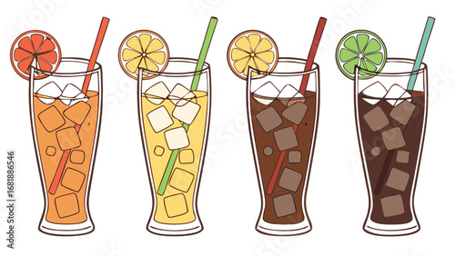 a refreshing line-up of colorful iced beverages isolated on white background.
