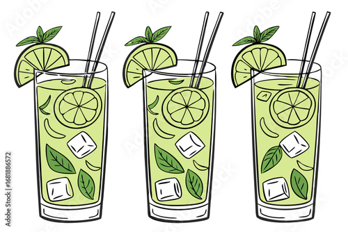 three lime mint cocktails with ice and straws - mojito refreshing drinks illustration design.