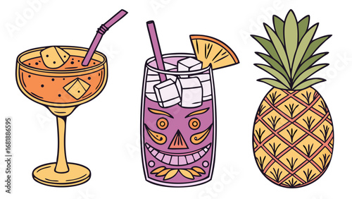 tropical cocktails with pineapple garnish - tiki bar summer drinks illustration design.