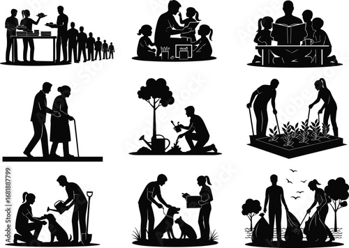 Community volunteer work, food distribution line, teaching children, helping elderly, gardening, pet care, environmental cleanup, nonprofit teamwork, charity service.