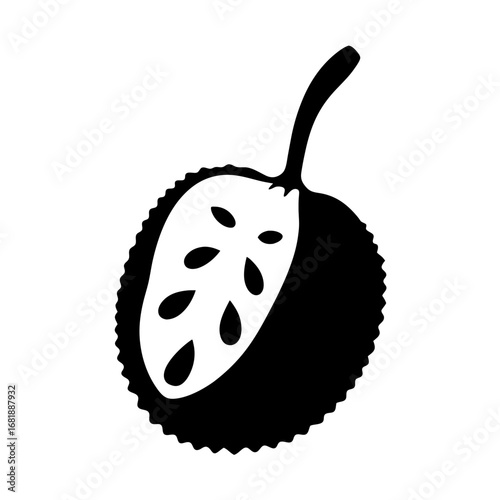 Simple black and white illustration of a soursop fruit with seeds