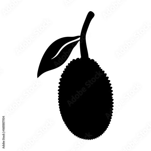 Black silhouette illustration of a jackfruit with a leaf and stem