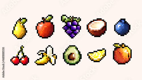 Set of pixelated fruits set. Collection of colorful icons of pear, apple, grapes, coconut, blueberry, cherries, banana, avocado, lemon, peach. Retro 8 bit game elements, pixel art, digital design.