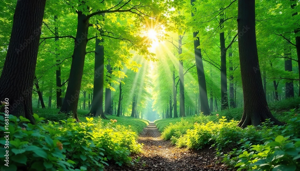 Obraz premium Lush green forest canopy, sunlight dappling through leaves, vibrant spring foliage, tranquil woodland scene, peaceful nature backdrop , woodland, forest floor