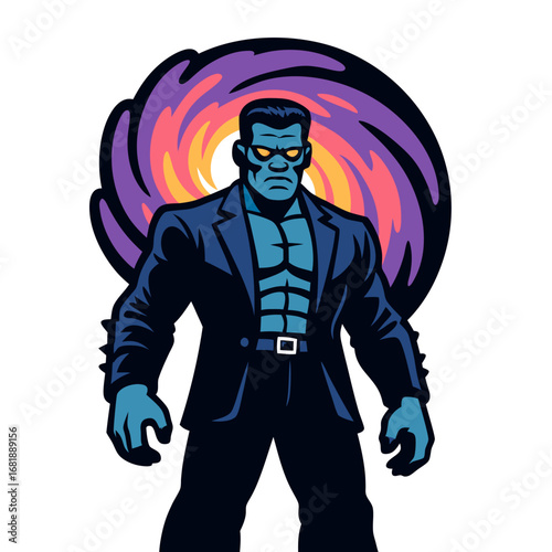 Stoic agent with swirling cosmic energy aura behind, bold superhero vibe in dramatic night colors