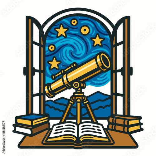 Open window stargazing scene with telescope and starry sky over mountains, a book on the table for curious astronomy study