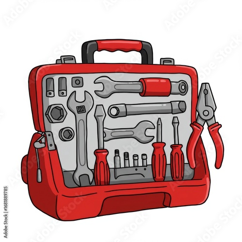 Red Tool Kit with Assorted Wrenches and Screwdrivers