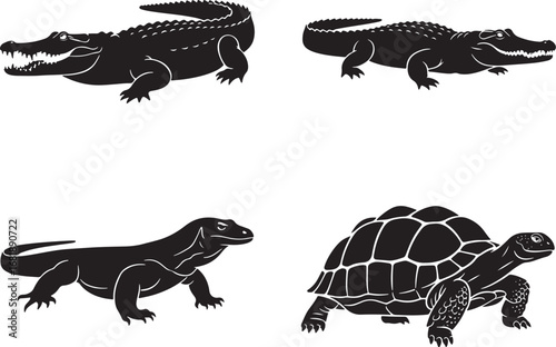 Four Animal Silhouettes Featuring Crocodiles Komodo Dragon and Turtle on White Background