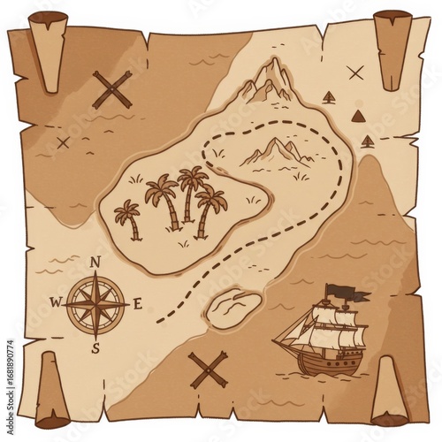 Vintage Treasure Map Illustration with Island and Pirate Ship