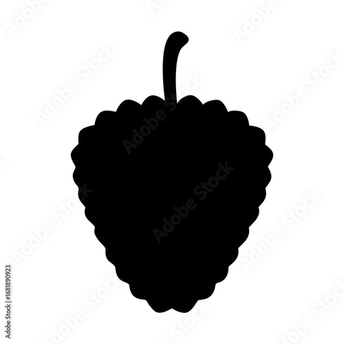 A bold black silhouette of a vibrant and luscious raspberry fruit