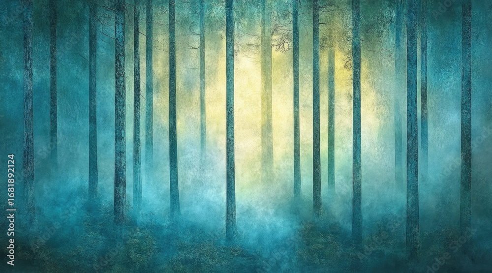 Obraz premium Mystical forest with sunlight filtering through autumn foliage in abstract art