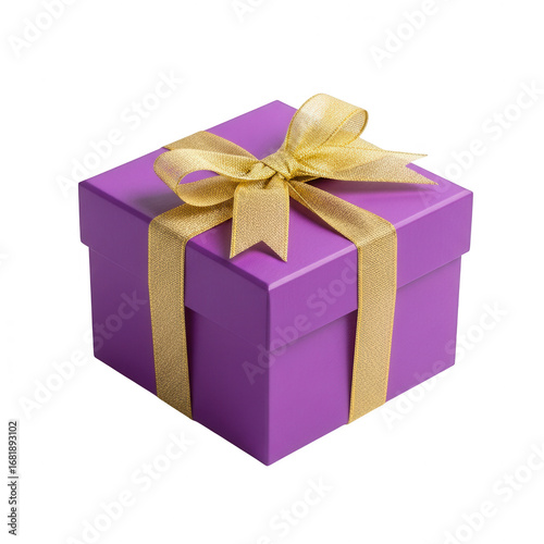 Purple gift box with gold ribbon isolated on transparent background
