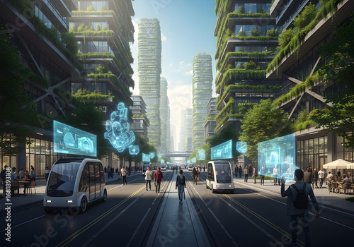 Futuristic Urban Cityscape with Autonomous Vehicles