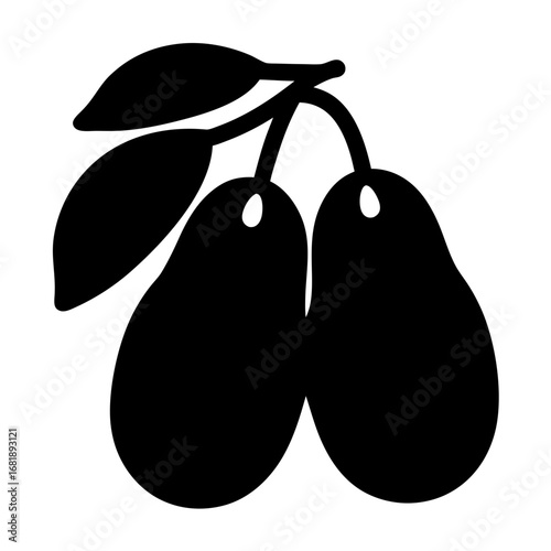 Simple black silhouette illustration of two pears on a branch with leaves