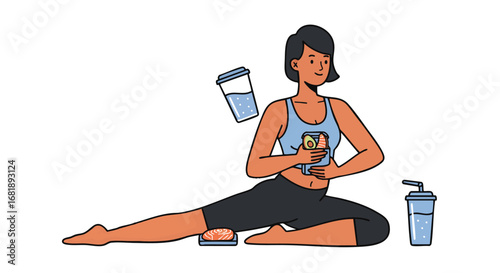 Energetic young woman practicing yoga and hydrating with refreshing drinks, promoting a healthy lifestyle