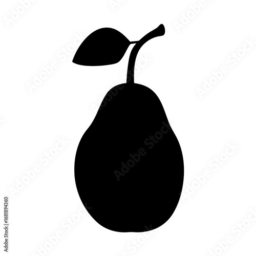 Single black silhouette of a pear with a leaf and stem