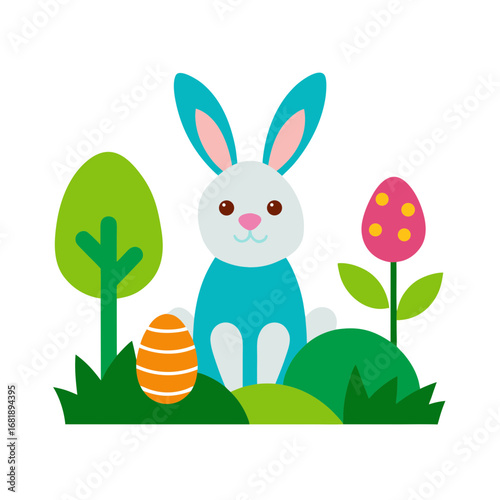 easter rabbit and easter eggs at garden vector art.