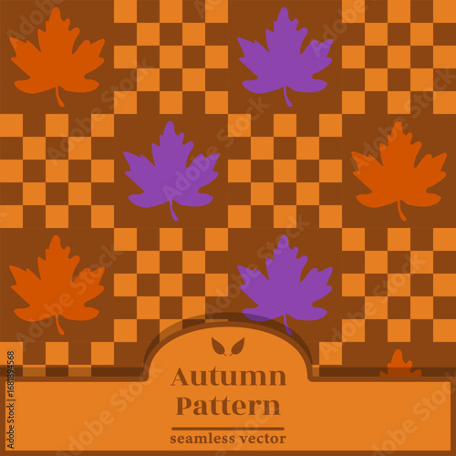A timeless checkered pattern with alternating cells in warm orange and dark brown. Every second cell features stylized maple leaves in gold and burgundy. Ideal for cozy autumn-themed designs