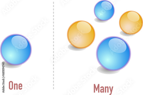 One, many marbles. Singular, plural, colored balls. Opposite english words. yellow, blue, glass spheres. symbol difference. Vector illustration	