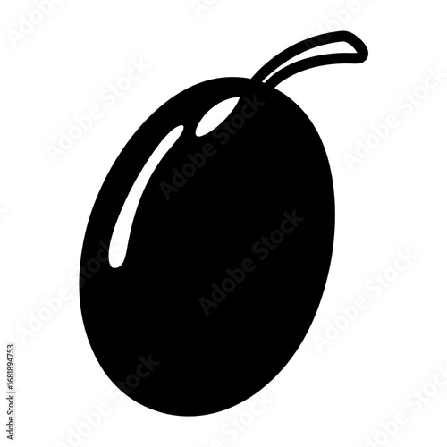 Single black olive with stem for culinary and healthy lifestyle themes