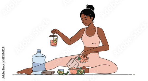 A woman in athletic wear preparing a healthy meal with fresh produce and water