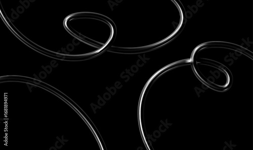 3d chrome spiral template. Silver metal curve element on black background. Y2k fluid wave, flow swirl, 3d line path. Dynamic steel shapes. Vector trend 3d illustration