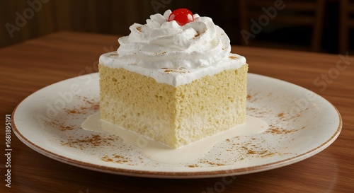 A slice of tres leches cake with whipped cream and a cherry on a plate on a wooden surface