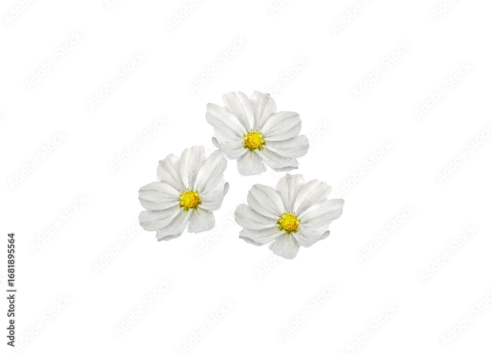 Obraz premium Watercolor illustration composition bouquet with white cosmos chamomile flowers isolated on white background. Design and decoration of postcards, greetings and invitations.