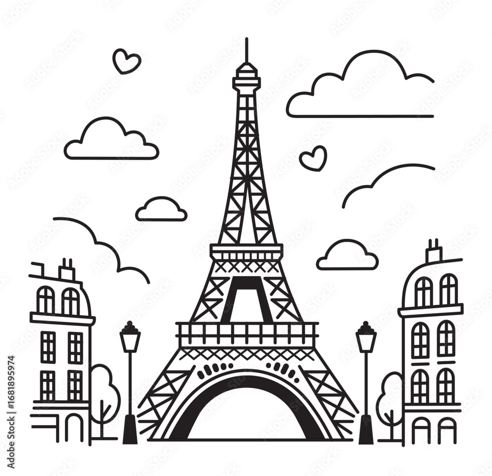 Fototapeta premium Eiffel Tower in the center of Paris. Linear illustration in doodle style