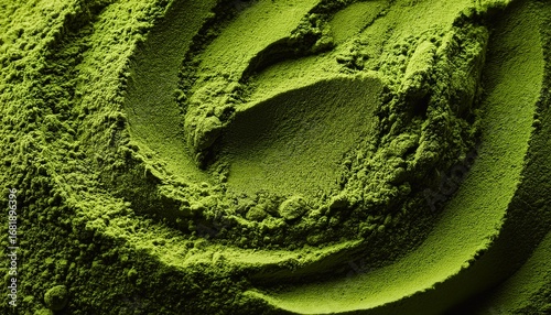 vibrant green matcha powder texture close up shot for culinary backgrounds or healthy food and drink concepts
