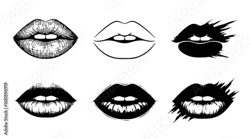 Trendy lips vector art, perfect for beauty blogs, cosmetic brands, or stylish designs in black and white, adding a modern edge to your projects