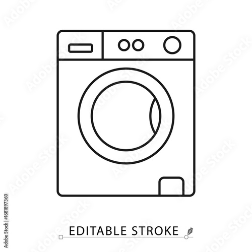 A washing machine icon in minimalist style with editable stroke. Laundry appliance, cleaning equipment, household device, domestic utility, modern technology, electric machine, interior element