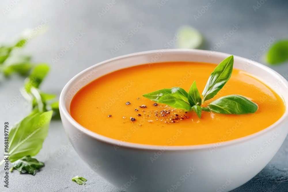 Creamy tomato basil soup in white bowl with fresh herbs on gray background Creamy tomato basil soup in white bowl with fresh herbs on gray background