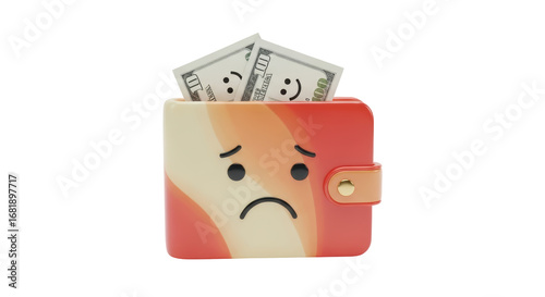 Isolated cute wallet with a sad face and money inside representing financial problems