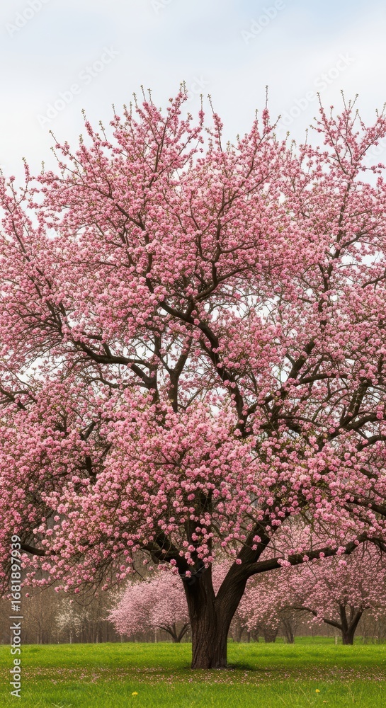 Obraz premium Blooming cherry blossom tree in spring landscape with pink flowers